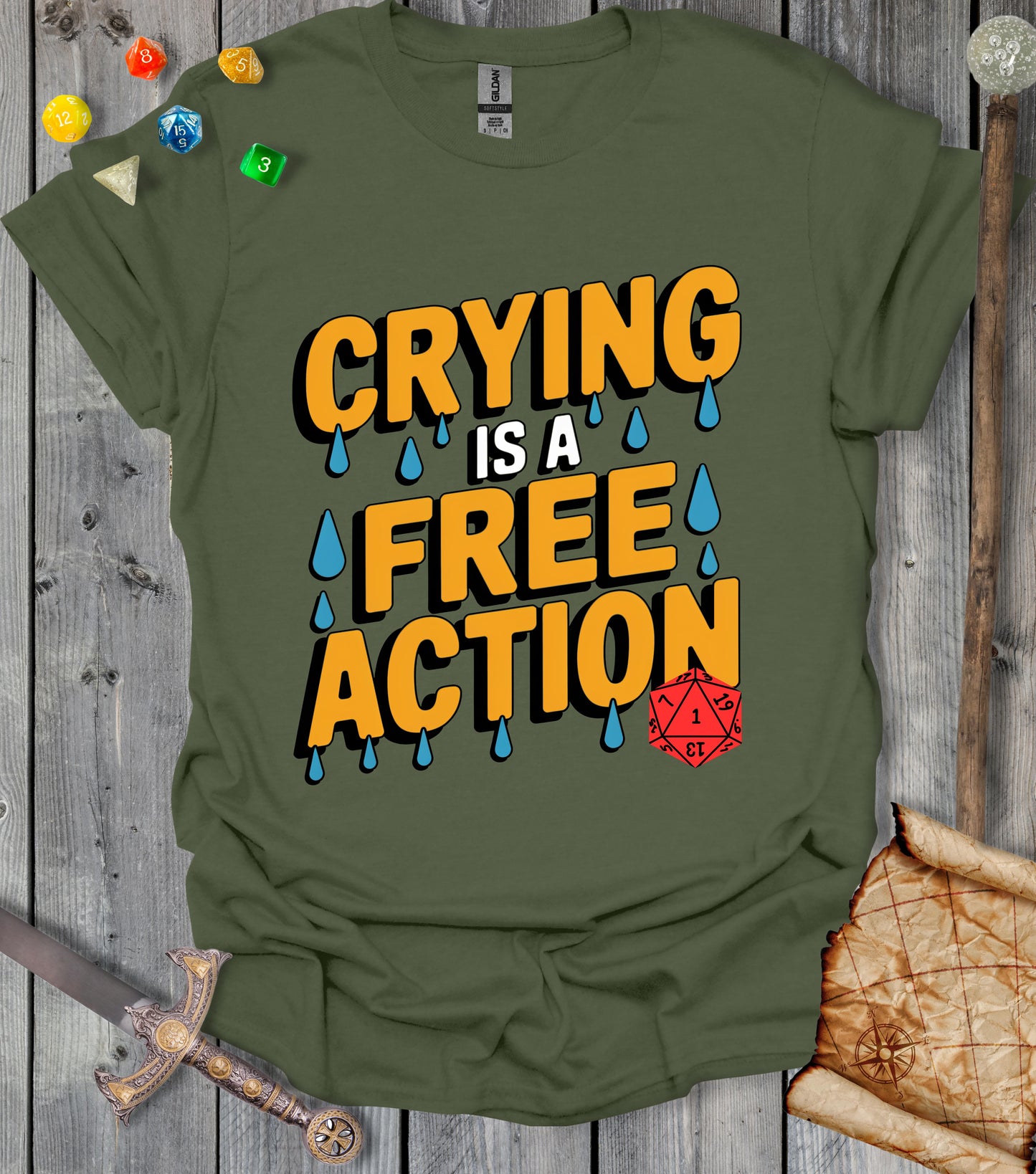 Crying is a free action - colored text - T-shirt