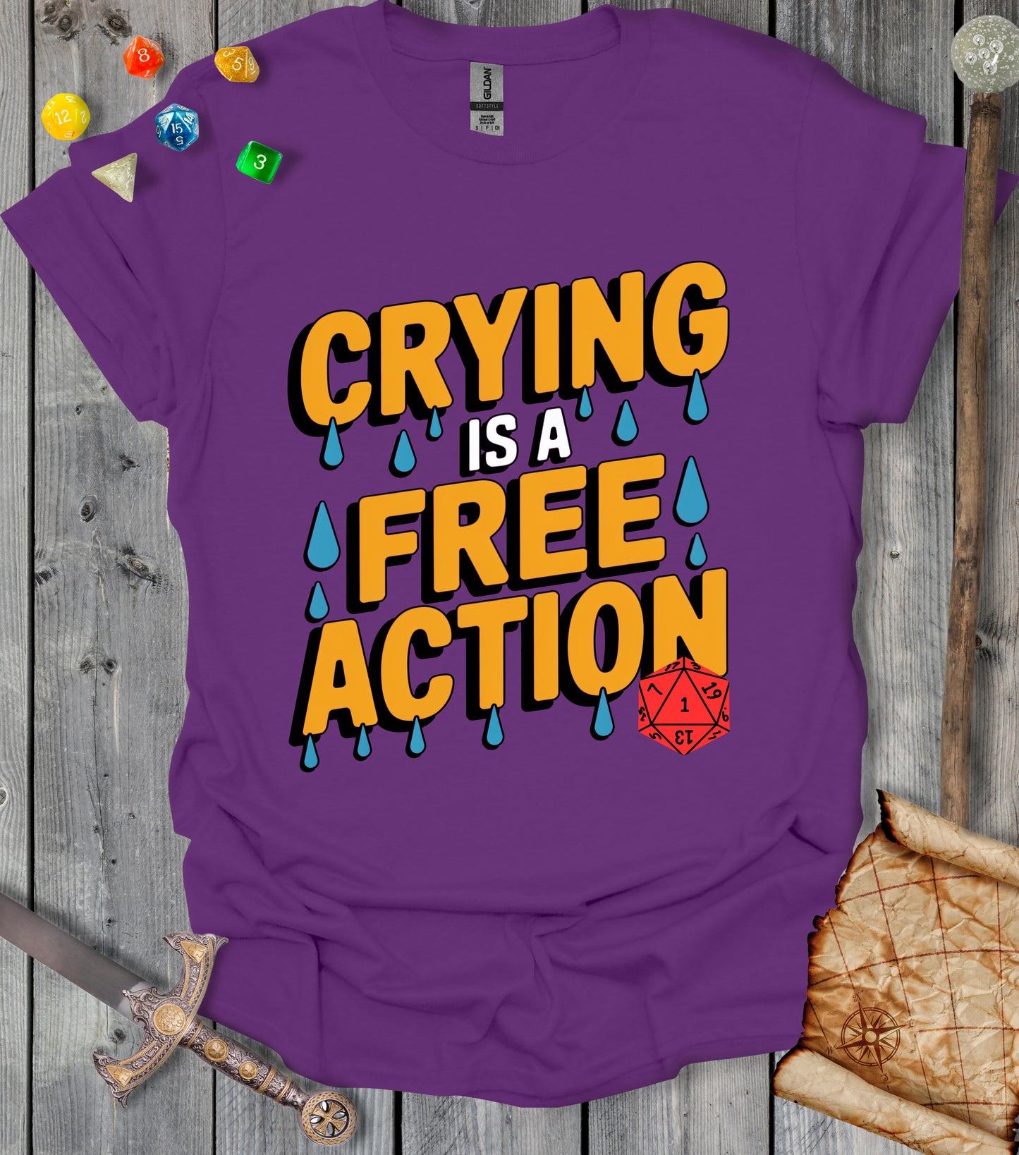 Crying is a free action - colored text - T-shirt