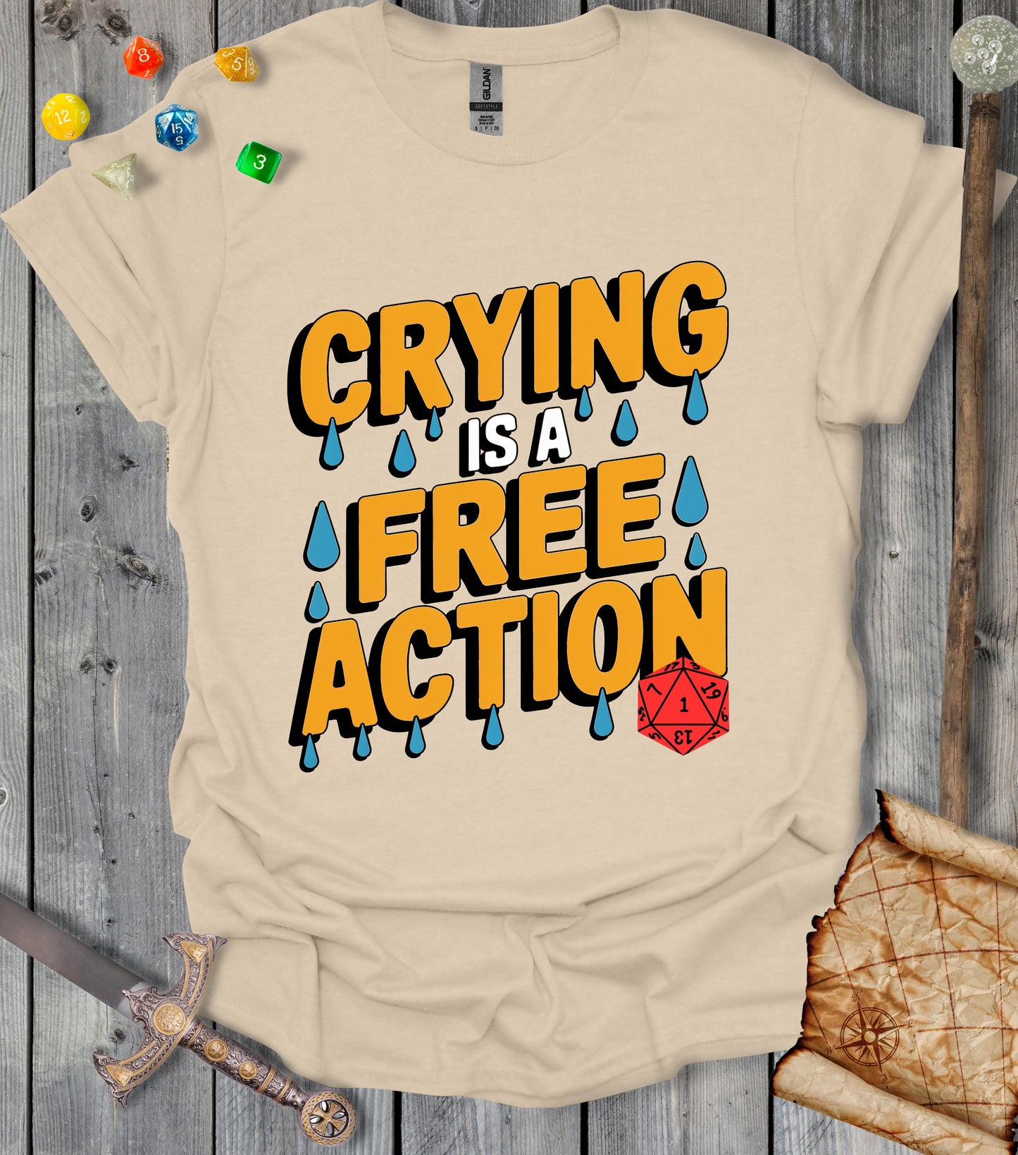 Crying is a free action - colored text - T-shirt