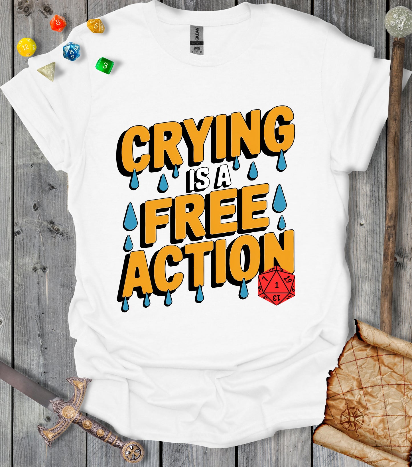 Crying is a free action - colored text - T-shirt