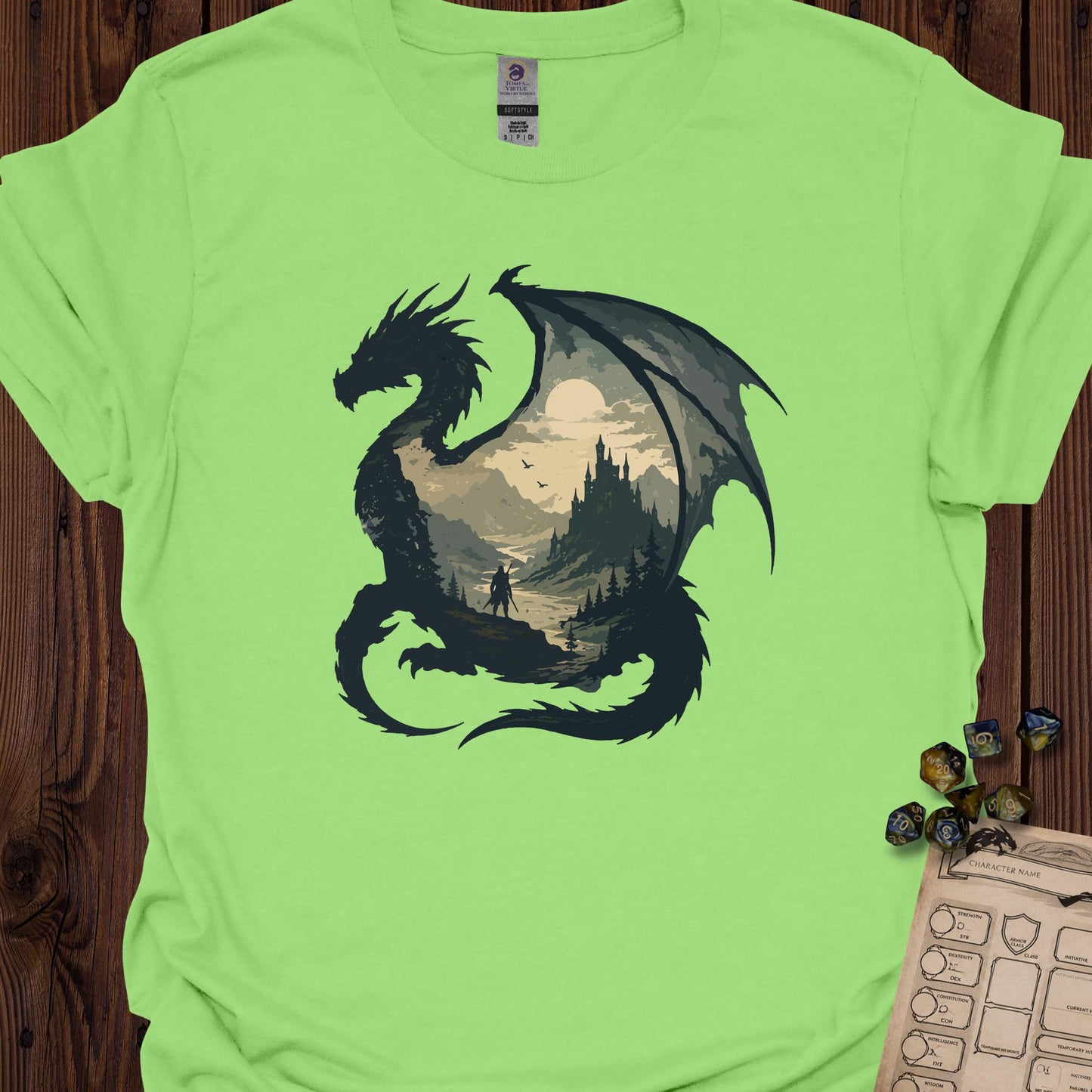 Dragon silhouette with adventure landscape inside - Lime