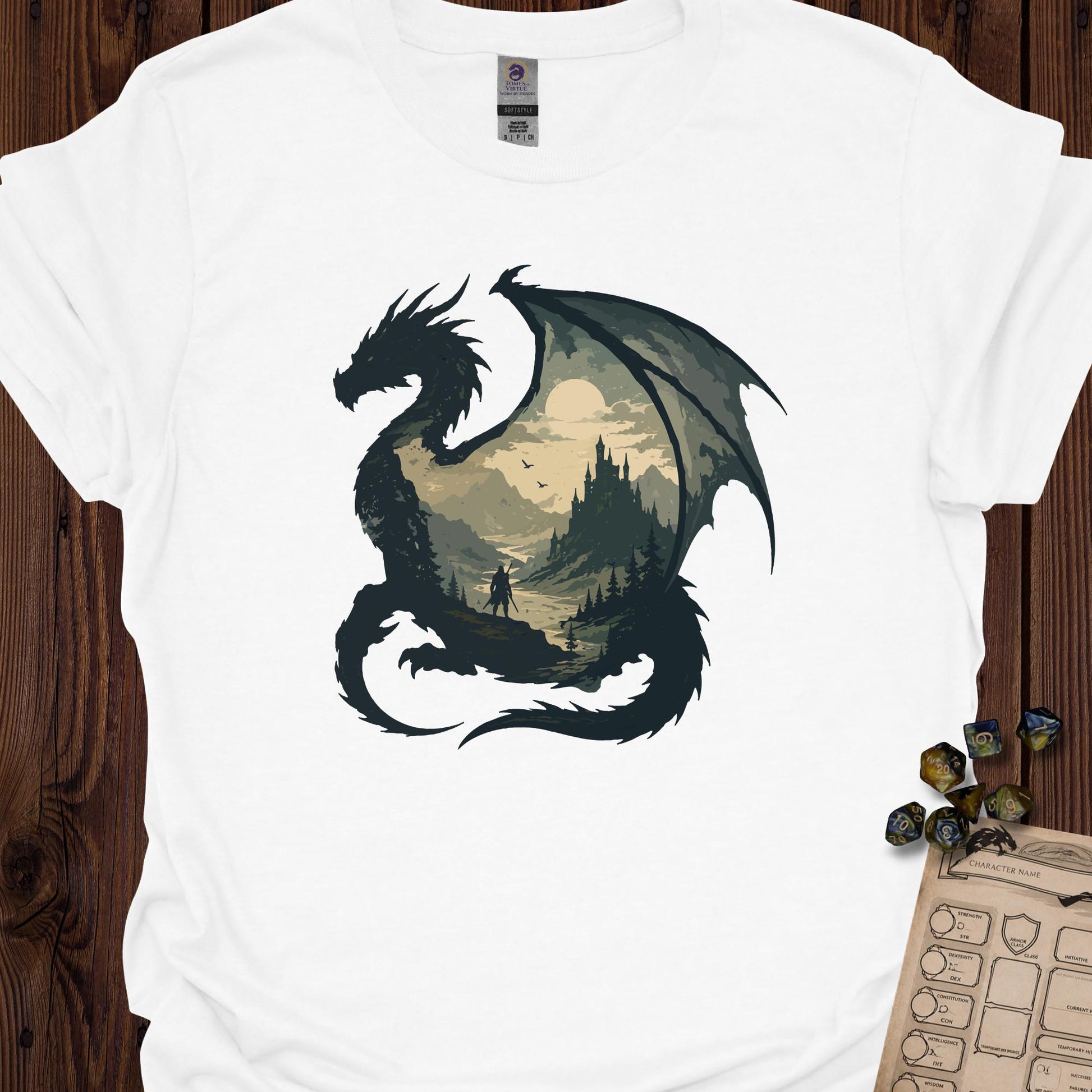 Dragon silhouette with adventure landscape inside - White
