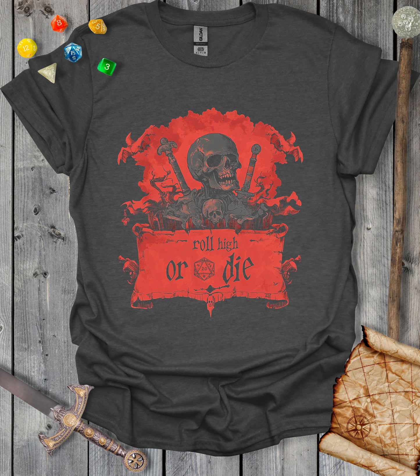 Roll high or die - skull and swords - T-shirt