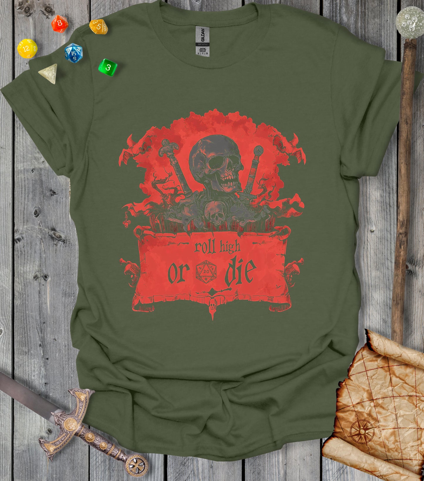 Roll high or die - skull and swords - T-shirt