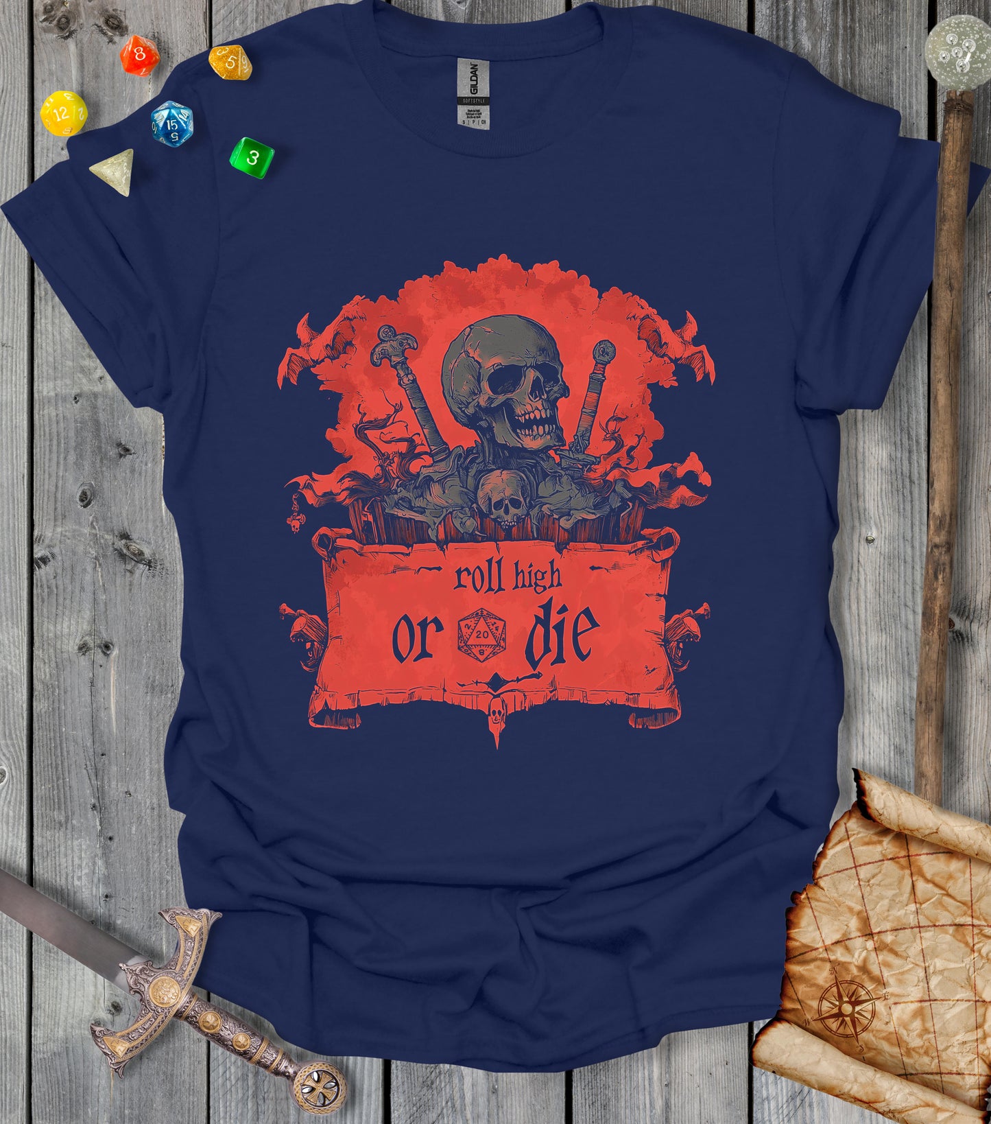 Roll high or die - skull and swords - T-shirt