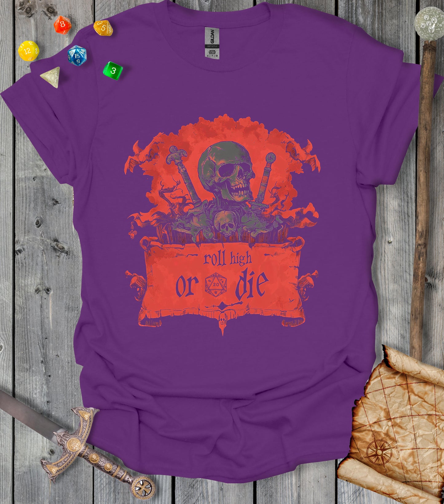 Roll high or die - skull and swords - T-shirt